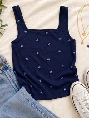 Old Navy Navy Ribbed Tank Top Floral Print Basic Casual Size M